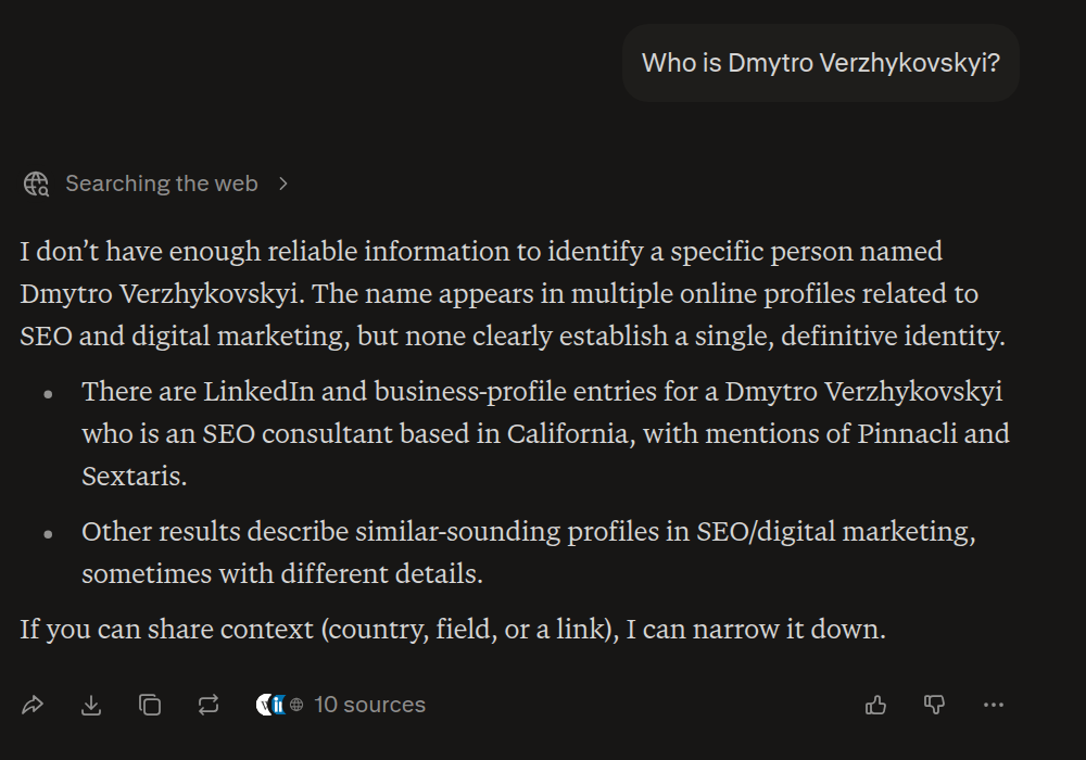 Perplexity answer before the Hub launched: not enough reliable information to identify the person