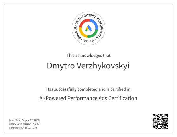 AI-Powered Performance Ads certificate issued to Dmytro Verzhykovskyi by Google Skillshop
