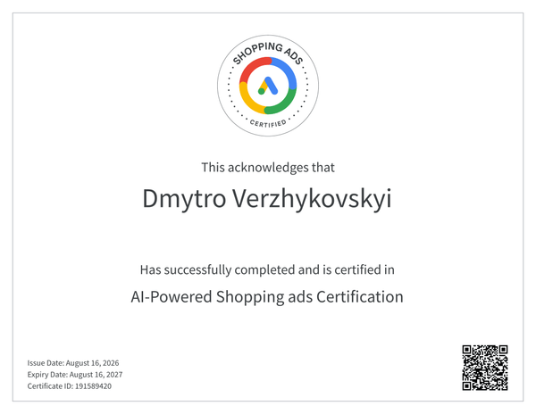 AI-Powered Shopping ads certificate issued to Dmytro Verzhykovskyi by Google Skillshop