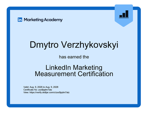 LinkedIn Marketing Measurement certificate issued to Dmytro Verzhykovskyi by LinkedIn Marketing Academy