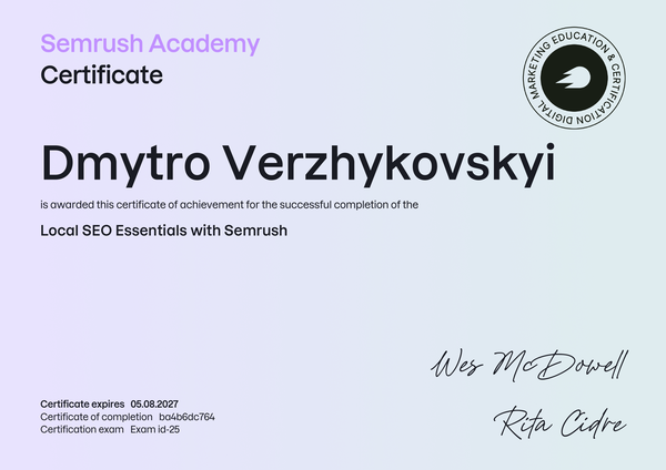 Local SEO Essentials certificate issued to Dmytro Verzhykovskyi by Semrush Academy