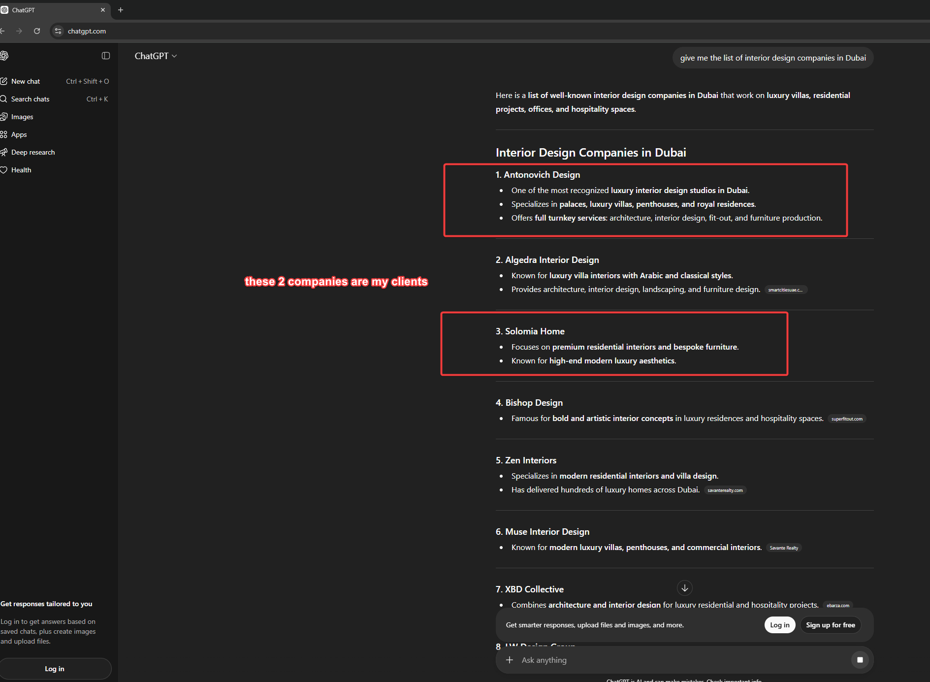 Client brand recommended in ChatGPT AI-generated answers